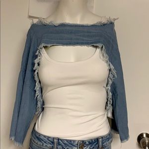3/4 Sleeve Light Weight Distress Chambray Top NWT